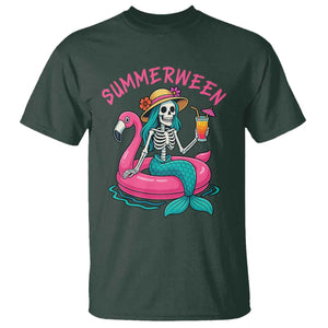 Summerween Skeleton Mermaid T Shirt Flamingo Float Funny Spooky Summer Halloween Vibes TS02 Dark Forest Green Print Your Wear