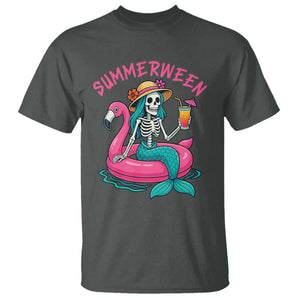Summerween Skeleton Mermaid T Shirt Flamingo Float Funny Spooky Summer Halloween Vibes TS02 Dark Heather Print Your Wear