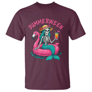 Summerween Skeleton Mermaid T Shirt Flamingo Float Funny Spooky Summer Halloween Vibes TS02 Maroon Print Your Wear
