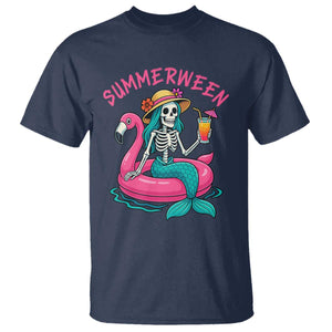 Summerween Skeleton Mermaid T Shirt Flamingo Float Funny Spooky Summer Halloween Vibes TS02 Navy Print Your Wear