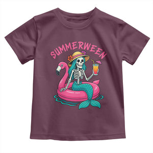 Summerween Skeleton Mermaid Toddler T Shirt Flamingo Float Funny Spooky Summer Halloween Vibes TS02 Maroon Print Your Wear