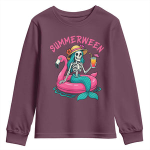 Summerween Skeleton Mermaid Youth Sweatshirt Flamingo Float Funny Spooky Summer Halloween Vibes TS02 Maroon Print Your Wear