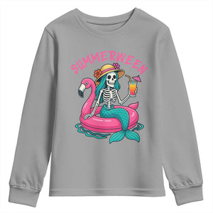 Summerween Skeleton Mermaid Youth Sweatshirt Flamingo Float Funny Spooky Summer Halloween Vibes TS02 Sport Gray Print Your Wear