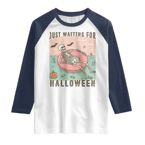 Spooky Summer Skeleton Raglan Shirt Just Waiting For Halloween Summer Pool Party TS02 White Navy Print Your Wear