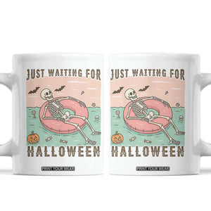 Spooky Summer Skeleton Coffee Mug Just Waiting For Halloween Summer Pool Party TS02 White Print Your Wear