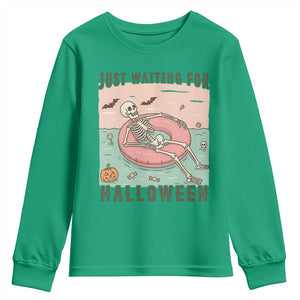 Spooky Summer Skeleton Youth Sweatshirt Just Waiting For Halloween Summer Pool Party TS02 Irish Green Print Your Wear
