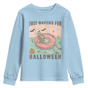 Spooky Summer Skeleton Youth Sweatshirt Just Waiting For Halloween Summer Pool Party TS02 Light Blue Print Your Wear