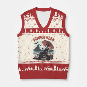 Gothic Summerween V-Neck Knit Sweater Vest Spooky Summer Halloween Horror Character TS02 Beige Red Print Your Wear