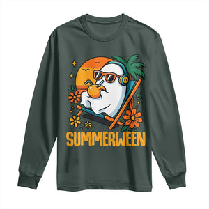 Tropical Summerween Boo Sheet Long Sleeve Shirt Funny Ghost Halloween Summer Beach Vibes TS02 Dark Forest Green Print Your Wear