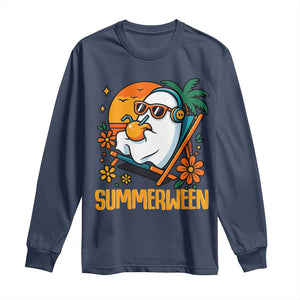 Tropical Summerween Boo Sheet Long Sleeve Shirt Funny Ghost Halloween Summer Beach Vibes TS02 Navy Print Your Wear