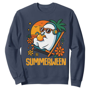 Tropical Summerween Boo Sheet Sweatshirt Funny Ghost Halloween Summer Beach Vibes TS02 Navy Print Your Wear