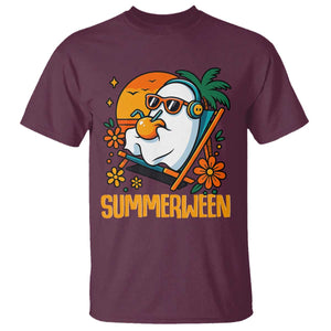 Tropical Summerween Boo Sheet T Shirt Funny Ghost Halloween Summer Beach Vibes TS02 Maroon Print Your Wear