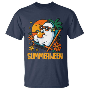 Tropical Summerween Boo Sheet T Shirt Funny Ghost Halloween Summer Beach Vibes TS02 Navy Print Your Wear
