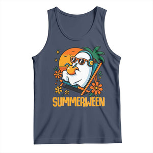 Tropical Summerween Boo Sheet Tank Top Funny Ghost Halloween Summer Beach Vibes TS02 Navy Print Your Wear