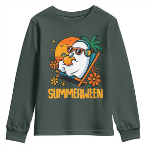 Tropical Summerween Boo Sheet Youth Sweatshirt Funny Ghost Halloween Summer Beach Vibes TS02 Dark Forest Green Print Your Wear