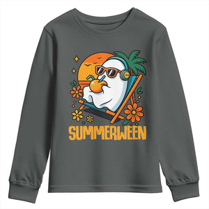 Tropical Summerween Boo Sheet Youth Sweatshirt Funny Ghost Halloween Summer Beach Vibes TS02 Dark Heather Print Your Wear
