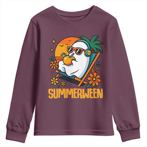 Tropical Summerween Boo Sheet Youth Sweatshirt Funny Ghost Halloween Summer Beach Vibes TS02 Maroon Print Your Wear