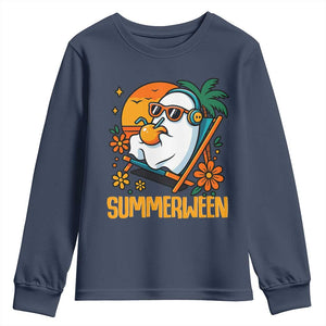 Tropical Summerween Boo Sheet Youth Sweatshirt Funny Ghost Halloween Summer Beach Vibes TS02 Navy Print Your Wear