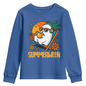 Tropical Summerween Boo Sheet Youth Sweatshirt Funny Ghost Halloween Summer Beach Vibes TS02 Royal Blue Print Your Wear