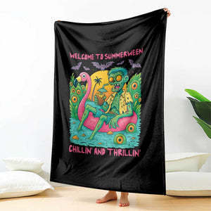 Summerween Zombie Pool Party Throw Blanket Chillin and Thrillin Flamingo Float Summer Halloween TS02 Print Your Wear