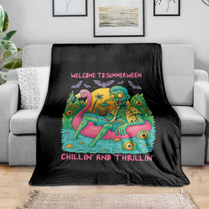 Summerween Zombie Pool Party Throw Blanket Chillin and Thrillin Flamingo Float Summer Halloween TS02 Print Your Wear