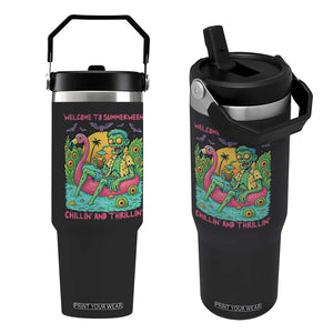 Summerween Zombie Pool Party Flip Straw Tumbler Chillin and Thrillin Flamingo Float Summer Halloween TS02 One Size: 30 oz Black Print Your Wear