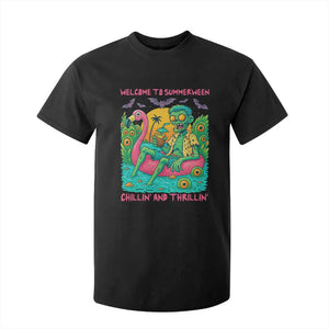 Summerween Zombie Pool Party T Shirt For Kid Chillin and Thrillin Flamingo Float Summer Halloween TS02 Black Print Your Wear
