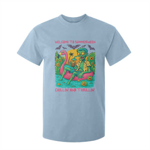 Summerween Zombie Pool Party T Shirt For Kid Chillin and Thrillin Flamingo Float Summer Halloween TS02 Light Blue Print Your Wear