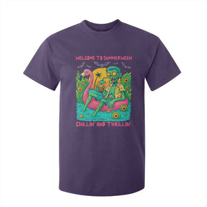 Summerween Zombie Pool Party T Shirt For Kid Chillin and Thrillin Flamingo Float Summer Halloween TS02 Purple Print Your Wear
