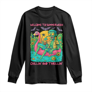 Summerween Zombie Pool Party Long Sleeve Shirt Chillin and Thrillin Flamingo Float Summer Halloween