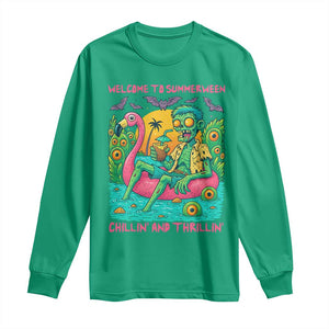 Summerween Zombie Pool Party Long Sleeve Shirt Chillin and Thrillin Flamingo Float Summer Halloween