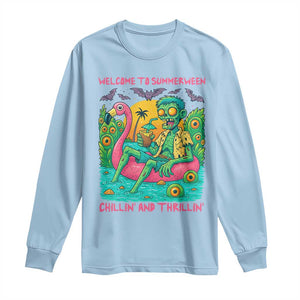 Summerween Zombie Pool Party Long Sleeve Shirt Chillin and Thrillin Flamingo Float Summer Halloween