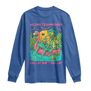 Summerween Zombie Pool Party Long Sleeve Shirt Chillin and Thrillin Flamingo Float Summer Halloween