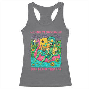 Summerween Zombie Pool Party Racerback Tank Top Chillin and Thrillin Flamingo Float Summer Halloween TS02 Charcoal Print Your Wear