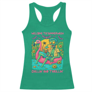 Summerween Zombie Pool Party Racerback Tank Top Chillin and Thrillin Flamingo Float Summer Halloween TS02 Irish Green Print Your Wear