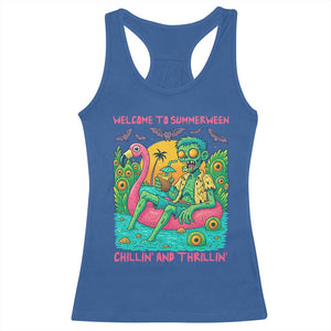 Summerween Zombie Pool Party Racerback Tank Top Chillin and Thrillin Flamingo Float Summer Halloween TS02 Royal Blue Print Your Wear