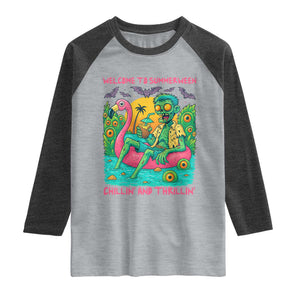 Summerween Zombie Pool Party Raglan Shirt Chillin and Thrillin Flamingo Float Summer Halloween TS02 Heather Gray Heather Charcoal Print Your Wear