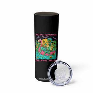 Summerween Zombie Pool Party Skinny Tumbler Chillin and Thrillin Flamingo Float Summer Halloween TS02 Print Your Wear