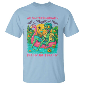 Summerween Zombie Pool Party T Shirt Chillin and Thrillin Flamingo Float Summer Halloween TS02 Light Blue Print Your Wear