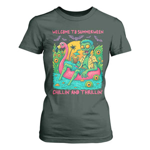 Summerween Zombie Pool Party T Shirt For Women Chillin and Thrillin Flamingo Float Summer Halloween TS02 Dark Forest Green Print Your Wear