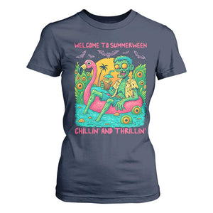 Summerween Zombie Pool Party T Shirt For Women Chillin and Thrillin Flamingo Float Summer Halloween TS02 Navy Print Your Wear