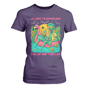 Summerween Zombie Pool Party T Shirt For Women Chillin and Thrillin Flamingo Float Summer Halloween TS02 Purple Print Your Wear