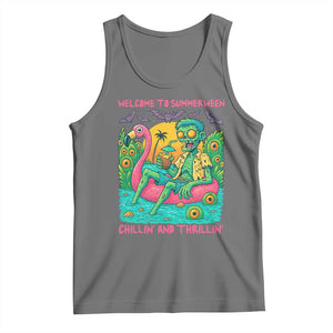 Summerween Zombie Pool Party Tank Top Chillin and Thrillin Flamingo Float Summer Halloween TS02 Black Heather Print Your Wear