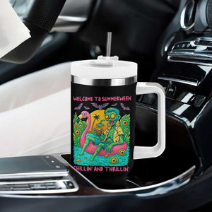Summerween Zombie Pool Party Tumbler With Handle Chillin and Thrillin Flamingo Float Summer Halloween TS02 Print Your Wear