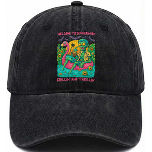 Summerween Zombie Pool Party Washed Cotton Baseball Cap Chillin and Thrillin Flamingo Float Summer Halloween TS02 Print Your Wear