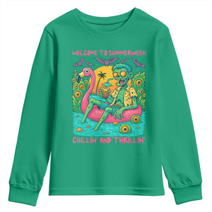Summerween Zombie Pool Party Youth Sweatshirt Chillin and Thrillin Flamingo Float Summer Halloween TS02 Irish Green Print Your Wear