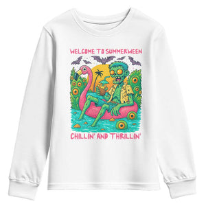 Summerween Zombie Pool Party Youth Sweatshirt Chillin and Thrillin Flamingo Float Summer Halloween TS02 White Print Your Wear