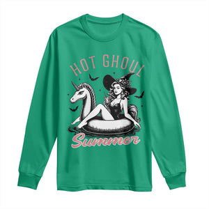 Hot Ghoul Summer Long Sleeve Shirt Retro Pin Up Witch Summerween Summer Beach Halloween Vibes TS02 Irish Green Print Your Wear