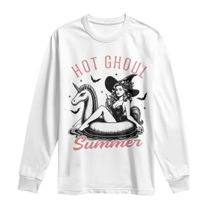 Hot Ghoul Summer Long Sleeve Shirt Retro Pin Up Witch Summerween Summer Beach Halloween Vibes TS02 White Print Your Wear