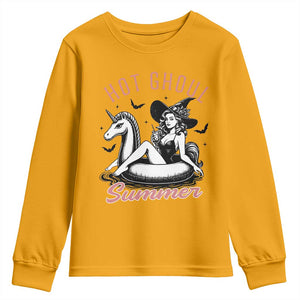 Hot Ghoul Summer Youth Sweatshirt Retro Pin Up Witch Summerween Summer Beach Halloween Vibes TS02 Gold Print Your Wear